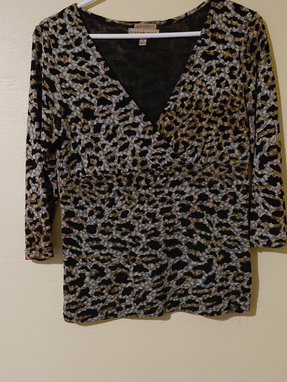 Notations Black Brown Gray Leopard-Print V-Neck Long Sleeve Top